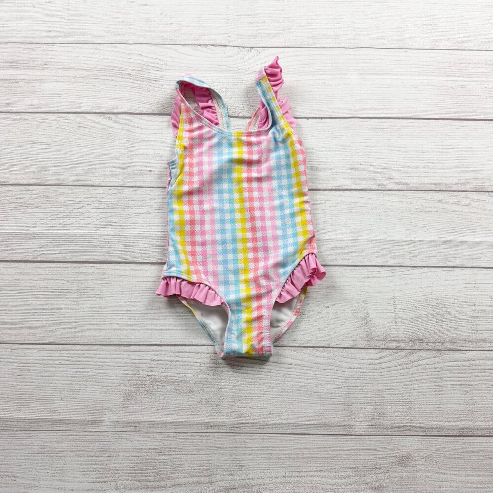 Real Love Toddler Girl One Piece Swimsuit Pastel Gingham Plaid Ruffle 2T